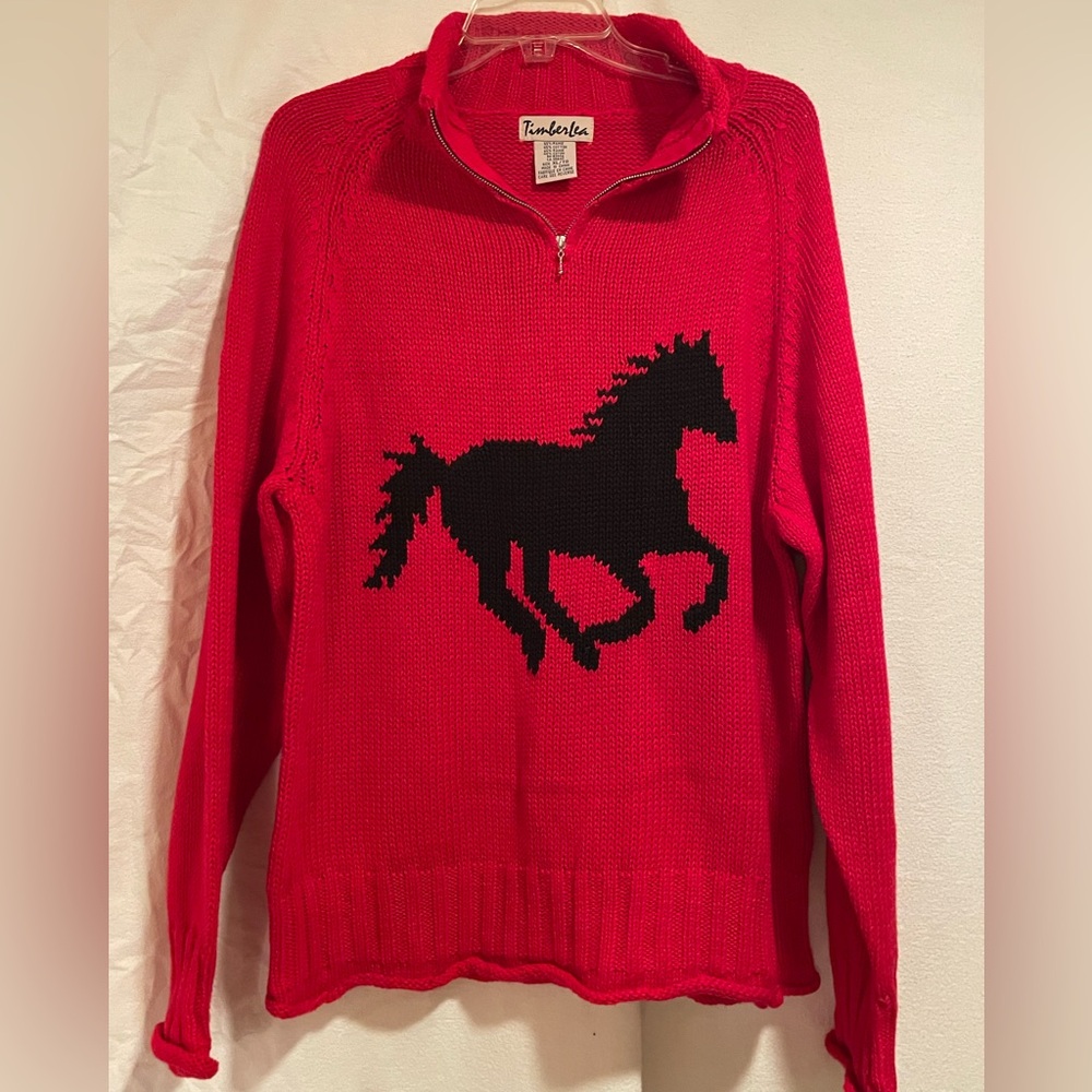 Timber Lea Red Half-Zip Turtleneck Sweater with Black Horse Motif